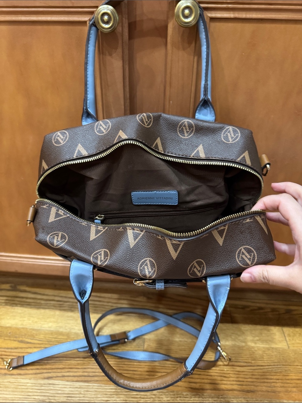 Adrienne Vittadini Brown Satchel with Sky Blue Trim - Picture 6 of 11